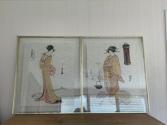 Pair Japanese Gouache & Ink Rice Paper Paintings