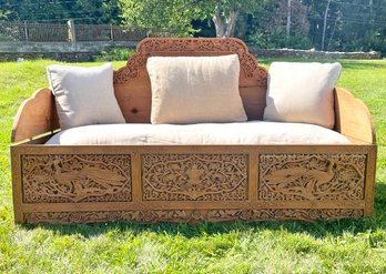 A Stunning Carved Indian Hardwood Daybed With Linen Cushions