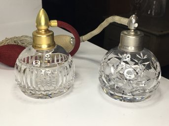 Two Vintage Signed WATERFORD Crystal Scent / Perfume Atomizer Bottles - Bulbs Work On Both Of Them - GIFT !