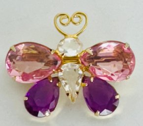 PINK AND PURPLE WINGED GOLD TONE BUTTERFLY BROOCH