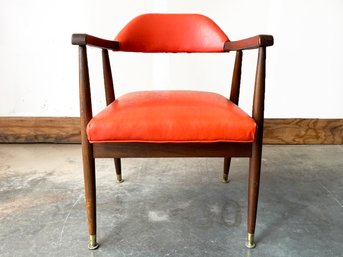 Mid Century Armchair, Original Orange Vinyl Seat With Brass Feet