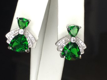 Lovely Unusual Style 925 / Sterling Silver Earrings With Emerald And Sparkling White Zircons - Great Gift !