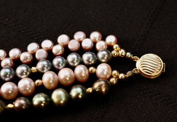 Multicolor Pearl 4 Strand Princess Length Necklace With 14k Gold Clasp