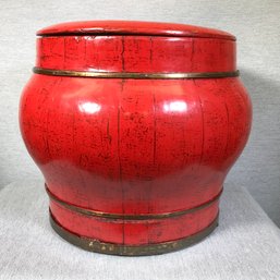 Fantastic Vintage Red Wooden Chinese Rice Bucket With Lid - Metal & Wood Banded - GREAT For Storage !
