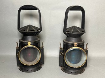 A Pair Of Vintage WWII Era Lanterns With Red & Blue Glass
