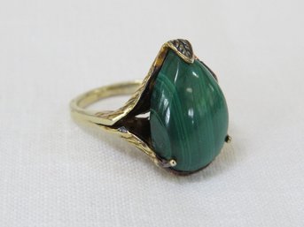 Women's Gold Over Sterling Handcrafted Leaf Motif Ring With Green Polished Stone