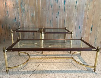 Mid Century Brass, Wood And Glass Coffee Table And Two End Tables