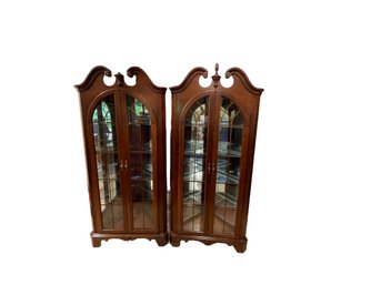 Pair Of Jasper Cabinet Company Lighted Curio Cabinets With Cherry Finish
