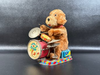 Vintage 1950s Mechanical Toy: Dandy The Happy Drumming Pup, Made In Japan By Alps