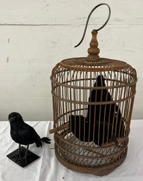 Wooden Birdcage With Crows As Accessories