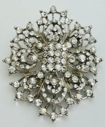 PRETTY WHITE RHINESTONE SILVER TONE LARGER BROOCH