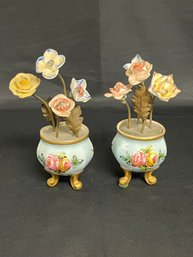 Petite Pair Of Porcelain Flowers In Pots Garnitures - Made In France