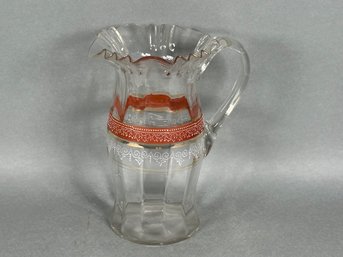 Vintage Hand Painted & Enameled Ruffle Rim Glass Pitcher