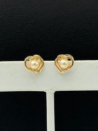 Heart Shaped Pearl & 14k Yellow Gold Stud Earrings