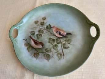 Signed Hand-Painted Bisque Porcelain Handled Plate With Bird Design