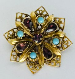 VINTAGE GOLD TONE PURPLE RHINESTONE FAUX TURQUOISE BROOCH