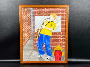 Original Watercolor, Boy With Saxophone, Signed