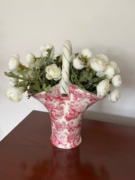 Baum Brothers Formalities Handled Porcelain Basket Vase With Flowers