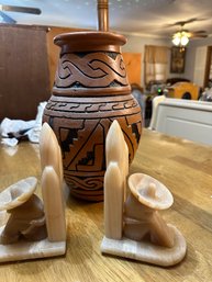 Mexican Marble Book Ends And Handcrafted Wood Vase Made In Brazil