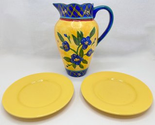 Linda Raffel Hand Painted Pitcher For Centrum, France & 2 Yellow Plates