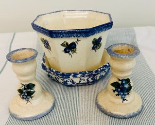 Lot Of Ceramic Pottery With Blueberry Pattern - Planter With Underplate, 2 Candlestick Holders