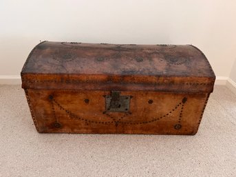 Leather Covered Domed Trunk From Panama With Brass Studs - Early 19th Century