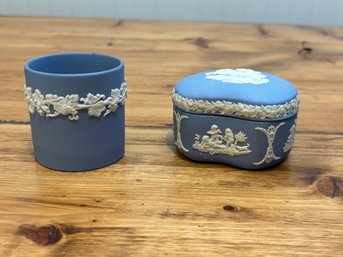 Pair Of Wedgwood Jssperware Votive Holder And Trinket Box