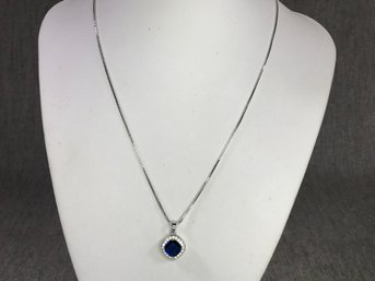 Wonderful Brand New Sterling Silver / 925 Box Chain Necklace With Sapphire And White Zircona Pendant - Nice !