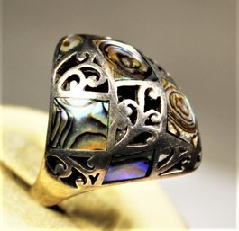 Beautiful Sterling Silver Intricate Dome Shaped Ring Having Abalone Shell Size 8