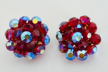 VINTAGE RED AURORA BOREALIS CLIP-ON EARRINGS