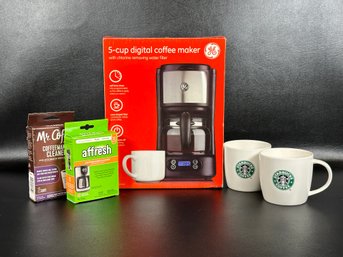 New-in-Box Digital Coffee Maker By GE, Coffee Maker Cleaner & Starbucks Coffee Mugs