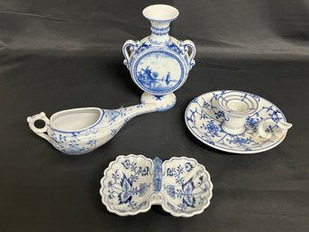 4pc Lot Vintage Porcelain Miniatures - Divided Dish, Candle Holder, Infant Feeder, Small Vase
