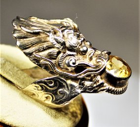 Fine Large Sterling Silver Ring Of A Dragon Having Citrine Stone Size 7.5