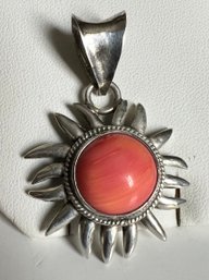 VINTAGE STERLING SILVER CORAL COLOR STONE SUN PENDANT