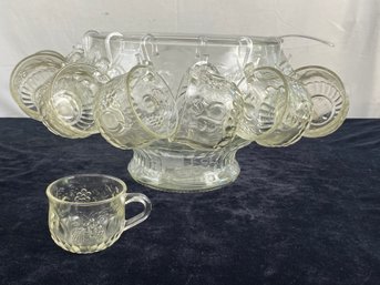 Vintage Jeannette Glass Embossed Fruit Round Punch Bowl Set