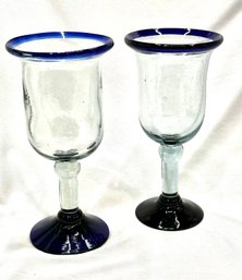 Vintage Pair Of Cobalt Blue Rimmed & Footed Wine Glasses
