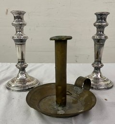 Pair Of Silver Plate Candlesticks, 19th Century Brass Candlestick