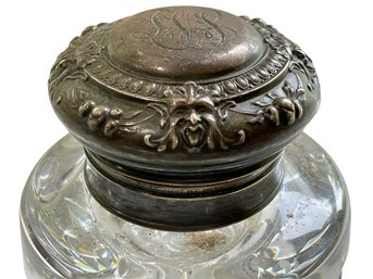 Antique Thumbprint Ink Well W/ Ornate Sterling Silver Hinged Top. The Silver Hallmarks Suggest English Silver