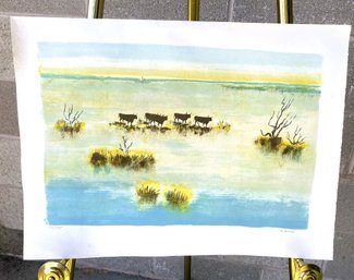 Victor Zarou 'Bulls On The Water'- Pencil Signed And Numbered 101/275 Watercolor