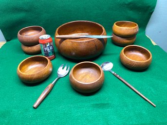 Mid Century Teak Serving Bowl With (7) Bowls And (3) MCM Teak Handled Utensils. Mode Danish And Nevco.