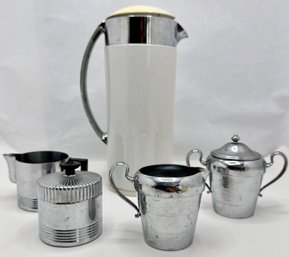 Vintage Thermos & 4 Silver Plate Creamers & Sugar Bowls By Chase, Cromwell & More