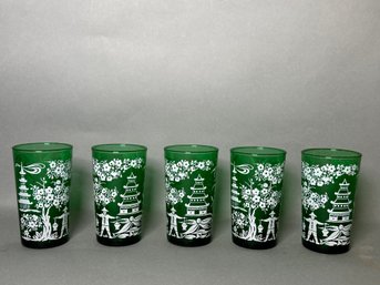 Five Vintage Anchor Hocking Emerald Green Drinking Glasses