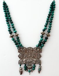 An Antique Chinese Silver Trophy Award On Necklace Of Malachite