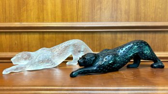 A Pair Of Vintage Art Glass Panthers By Lalique