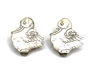 Vintage Lot Of Sterling Silver Etched Duck Shaped Clips