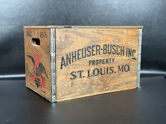 A Vintage Anheuser-Busch Crate In Wood With Lid & Open Side Handles