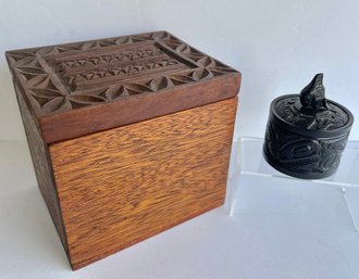 Lot Of 2 Wooden Boxes, Black Round One ROMA Canada, 1 Heavily Carved Lid