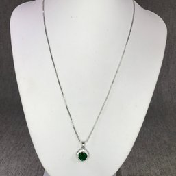 Wonderful Brand New 925 / Sterling Silver Box Chain Necklace With Emerald And White Topaz Pendant - 18' Long