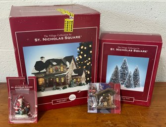 NIB St Nicholas Square Stone Cabin, Frosted Sisal Trees & 2 Figurines