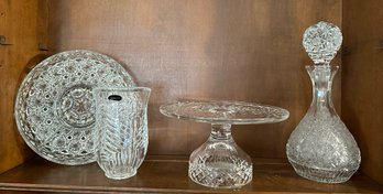 Three Crystal Serving Pieces Plus Crystal Vase, Decanter, Platter,Unsigned Waterford Cake Plate And Vase
